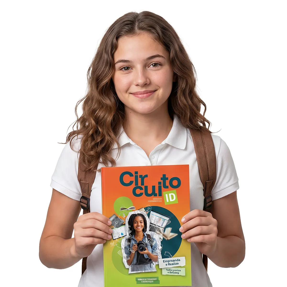 Aluna segurando um livro da Circuito ID da Microkids